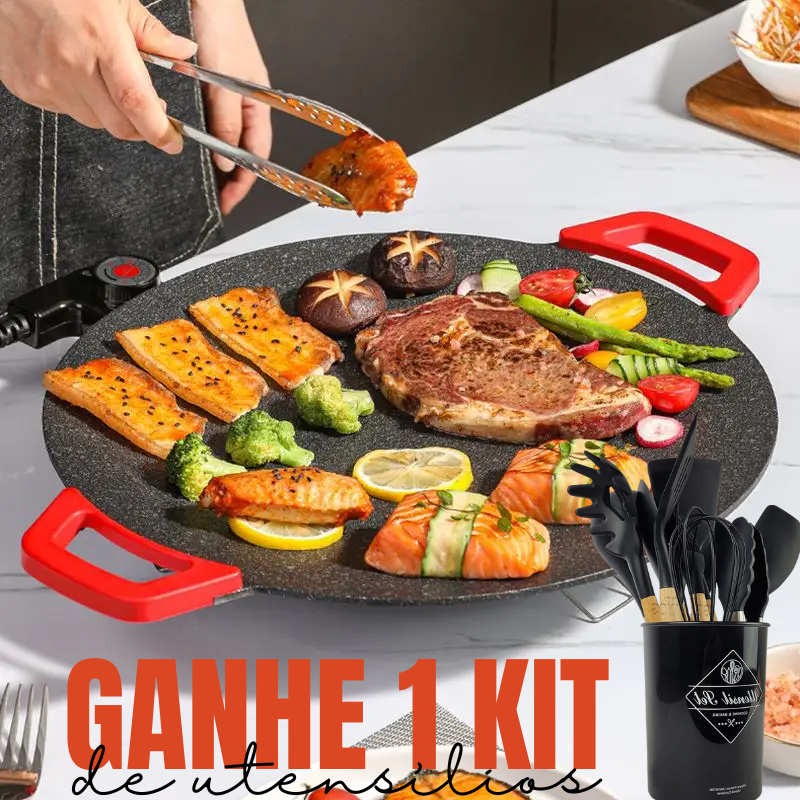 Grill Elétrico Antiaderente Panela de Pedra + Brinde Kit 19 Peças de Utensílios Premium Cozinha